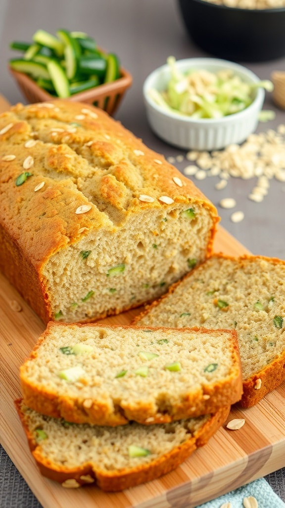 Healthy Oat and Zucchini Bread Recipe Sliced oat zucchini bread on a wooden board with grated zucchini and oats in the background.